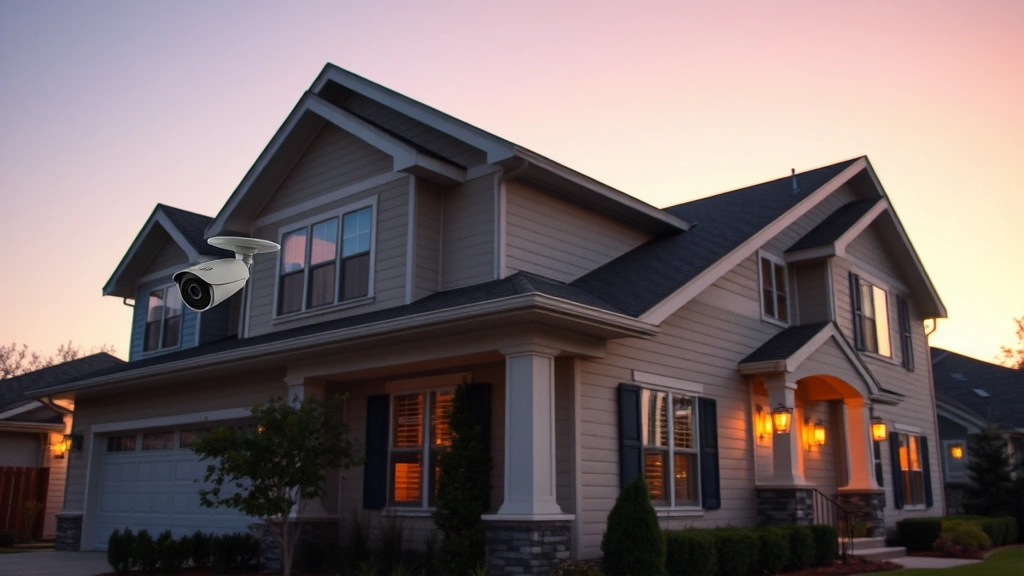 Residential home exterior at dusk showing strategically placed American-made security cameras with infrared night vision capability mounted on corners and entryways