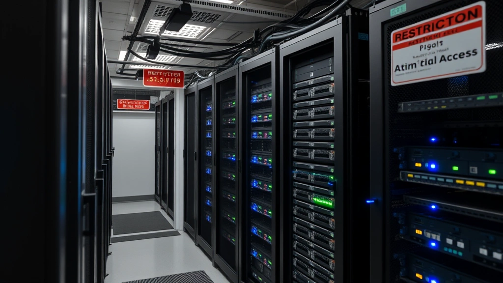 Data center with server infrastructure and networking equipment, secure facility with restricted access signage visible but unreadable, blue and green indicator lights on network hardware, cable management systems, climate-controlled environment emphasizing data security
