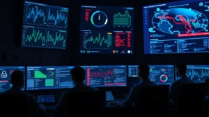 Digital security operations center with multiple monitors displaying real-time threat intelligence dashboards, security analysts monitoring network traffic patterns, blue team working in darkened command center with glowing screens and data visualizations