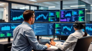 Cybersecurity professional analyzing data protection metrics on multiple monitors in a modern security operations center, showing real-time threat detection dashboards with blue and green data visualizations, professional office environment
