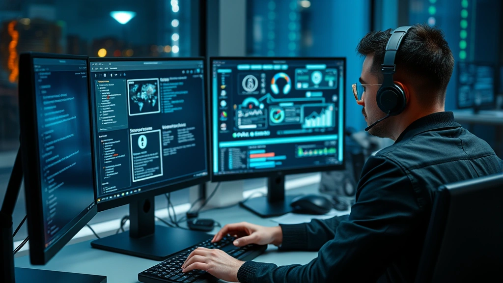 Cybersecurity professional working at computer workstation with layers of security software interfaces visible, network security tools, encrypted communications, and authentication systems displayed on modern monitor setup