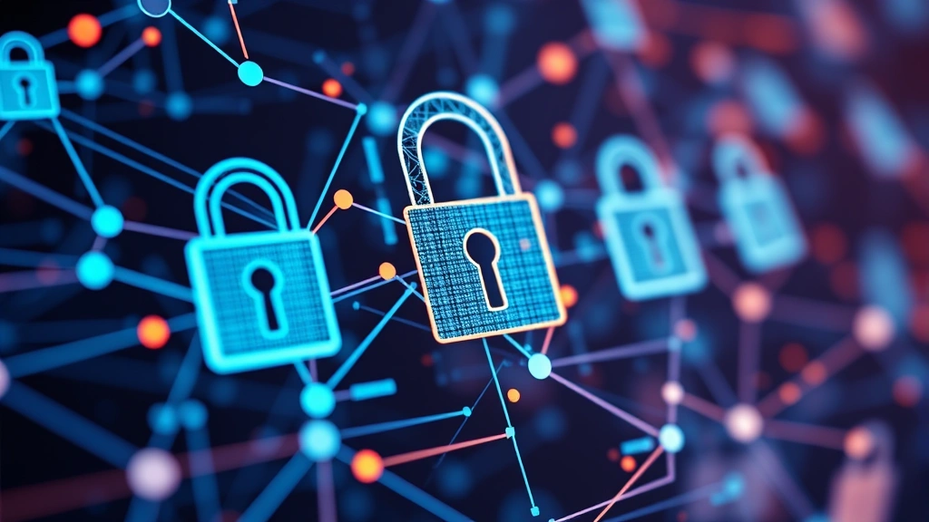 Close-up of encrypted data visualization with digital padlocks and security shields overlaying abstract network connections, representing data protection and encryption technology in modern infrastructure