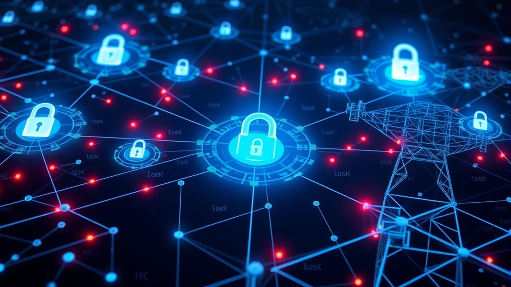 Critical infrastructure protection concept showing interconnected systems with digital security shields, network nodes protected by encryption locks, defensive barriers around power grid and communication networks with holographic security elements