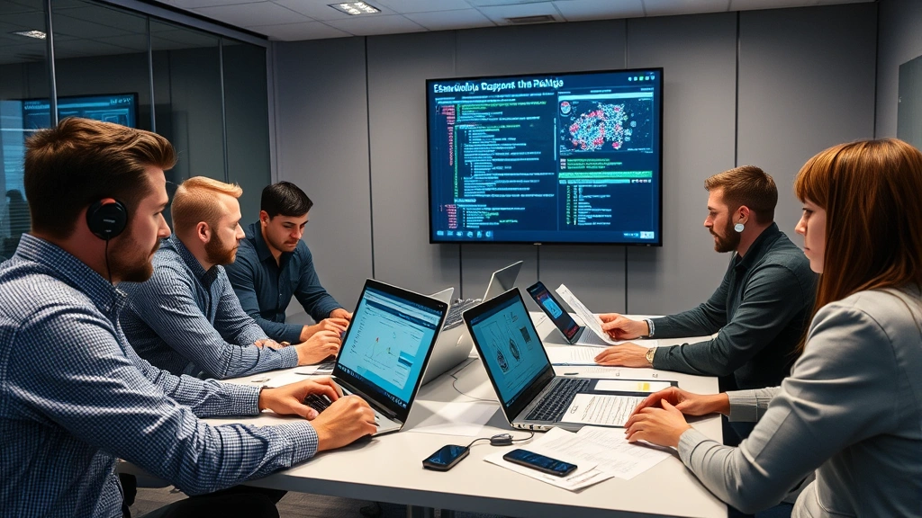 Team of cybersecurity analysts in a conference room conducting incident response planning, reviewing security documentation and threat intelligence reports, collaborative security environment with professional atmosphere