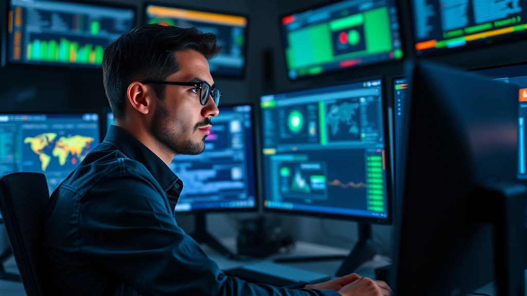Cybersecurity professional analyzing data protection systems on multiple monitors in a secure operations center, focused expression, glowing screens showing security dashboards and threat intelligence feeds, modern office environment