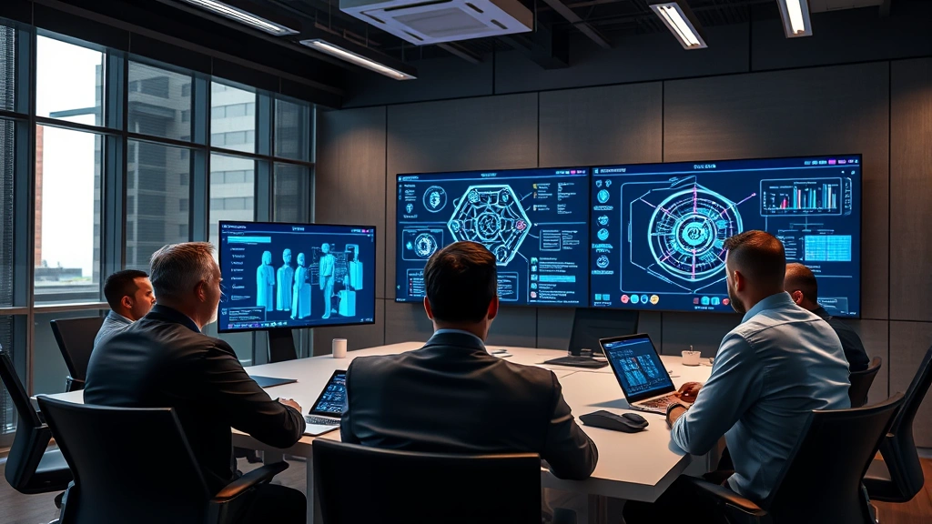 Team of security experts in a conference room discussing incident response procedures with digital security visualizations and network diagrams projected on screens, collaborative atmosphere, professional setting