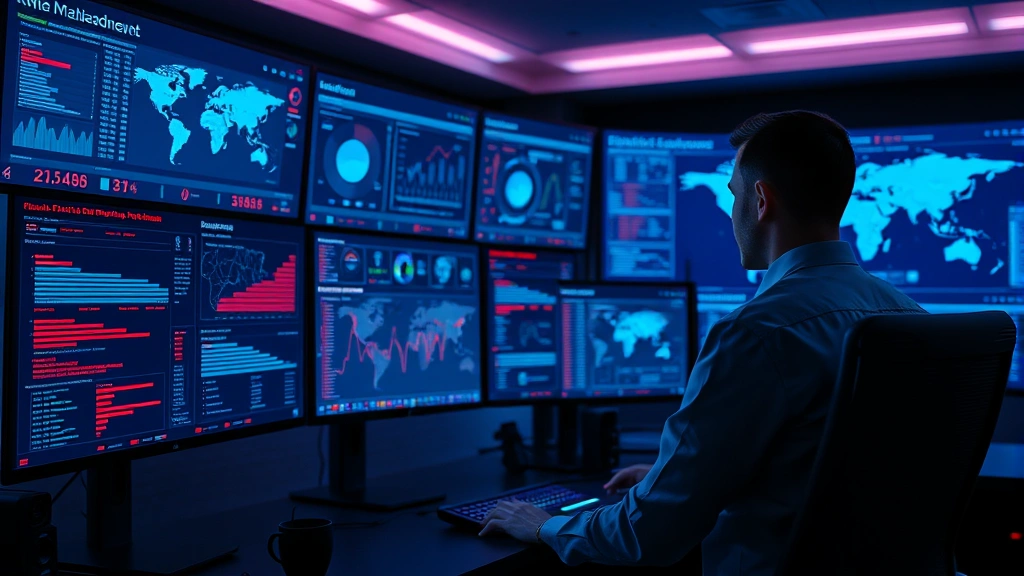 Professional cybersecurity analyst monitoring multiple digital threat dashboards with red alert indicators and network topology visualization in modern security operations center with dim blue lighting