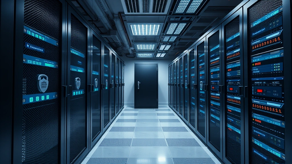 Secure data center server room with encrypted locks, biometric access controls, and isolated backup storage systems featuring redundant security measures and physical access restrictions