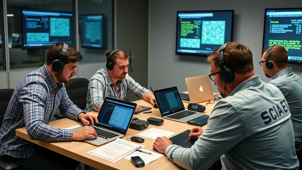 Team of security professionals conducting tabletop incident response exercise with laptops, threat intelligence reports, and communication devices during crisis simulation training