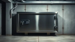 Professional steel gun safe installed in concrete basement floor with multiple locking bolts visible, industrial lighting reflecting off polished steel surface, secure and imposing