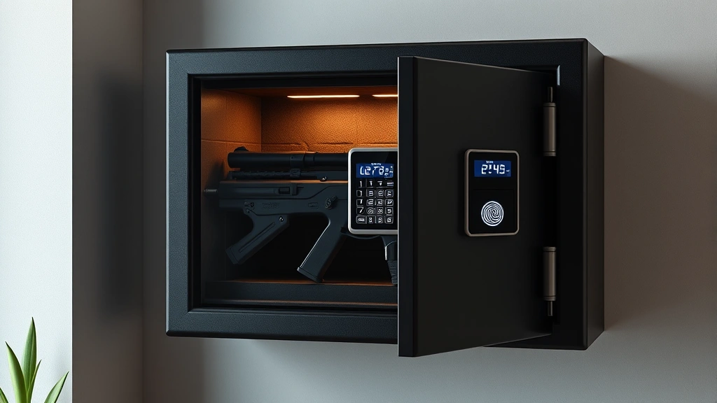 Photorealistic image of a modern digital gun safe with electronic keypad and biometric scanner mounted in a home office corner, soft lighting highlighting the security features