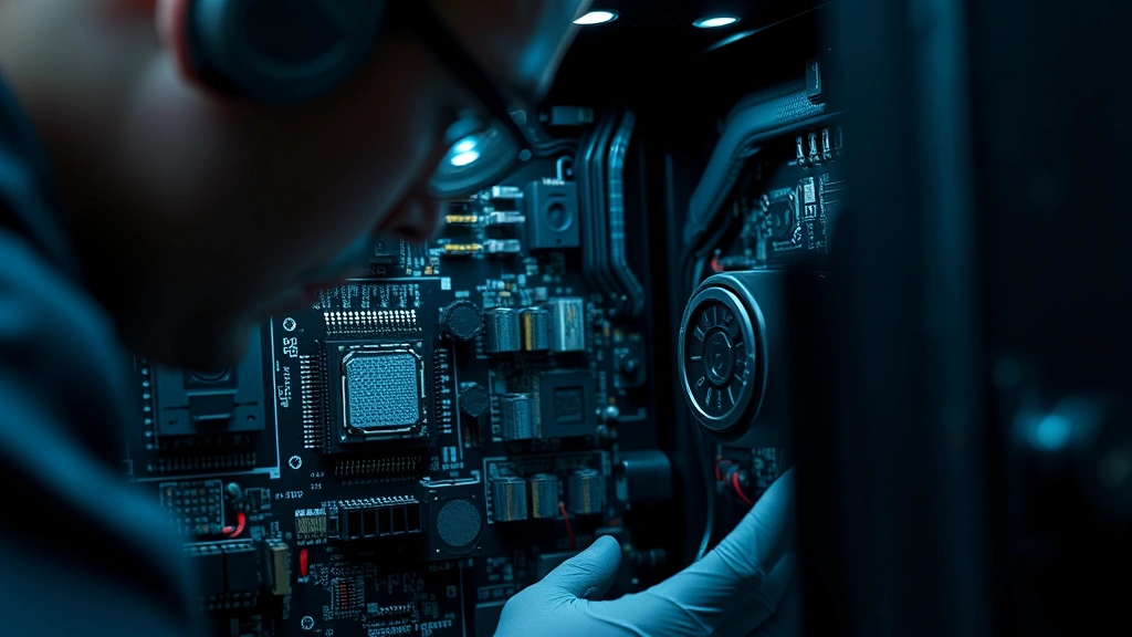 Close-up photorealistic view of cybersecurity expert examining a gun safe circuit board and electronic components with diagnostic tools, focus on technical inspection details