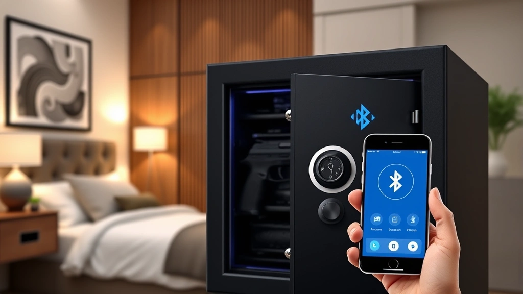 Photorealistic image of a premium gun safe with Bluetooth connectivity icon and smartphone displaying access app, showing modern smart home integration in contemporary bedroom