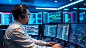 Professional cybersecurity analyst monitoring network traffic on multiple screens in a modern security operations center with blue ambient lighting and dashboard displays