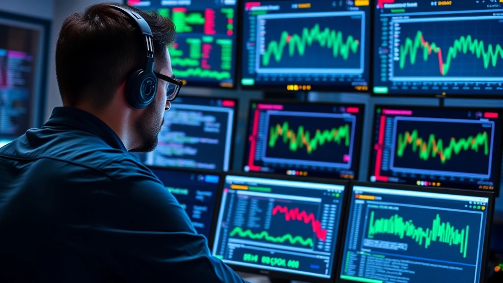 Cybersecurity professional monitoring network traffic on multiple displays in a modern security operations center, showing graphs and alerts without visible text or code