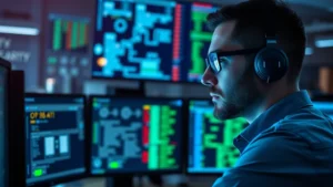 Professional cybersecurity expert analyzing network security on multiple monitors in a modern security operations center, with blue and green data visualizations reflecting on their face, representing real-time threat monitoring and data protection