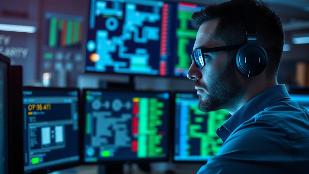 Professional cybersecurity expert analyzing network security on multiple monitors in a modern security operations center, with blue and green data visualizations reflecting on their face, representing real-time threat monitoring and data protection
