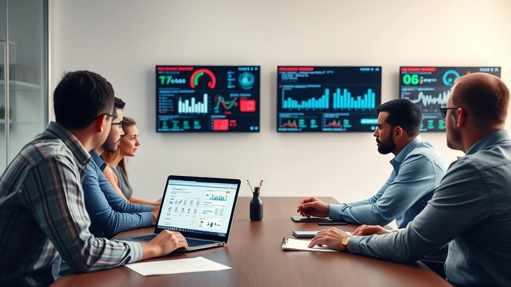 Team of security professionals conducting incident response meeting in conference room with laptop showing threat analysis data and security metrics on wall displays