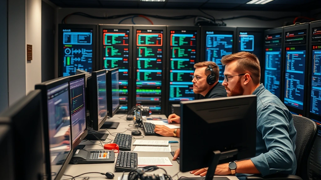 Team of security analysts collaborating at workstations with servers and network equipment visible in background, focused expressions analyzing threat data