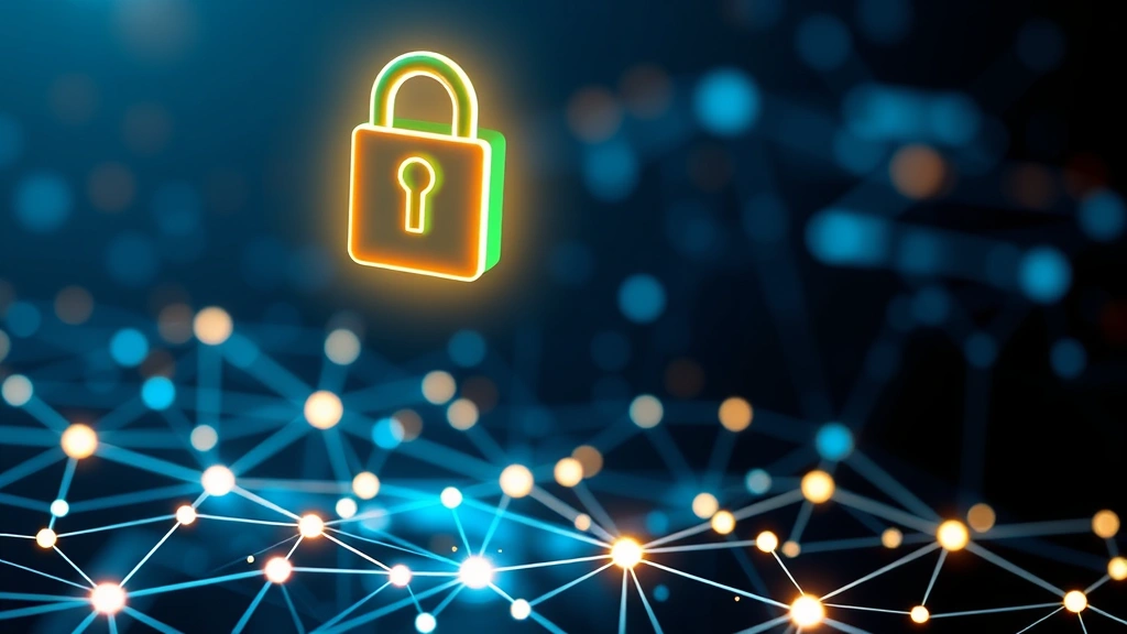Digital lock and shield icons floating above a glowing network of interconnected nodes and data points, symbolizing comprehensive data encryption, network security, and multi-layered protection against cyber threats