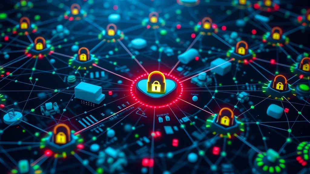 Network security infrastructure visualization showing digital connections, firewalls, and threat detection nodes with green and red indicators across interconnected systems