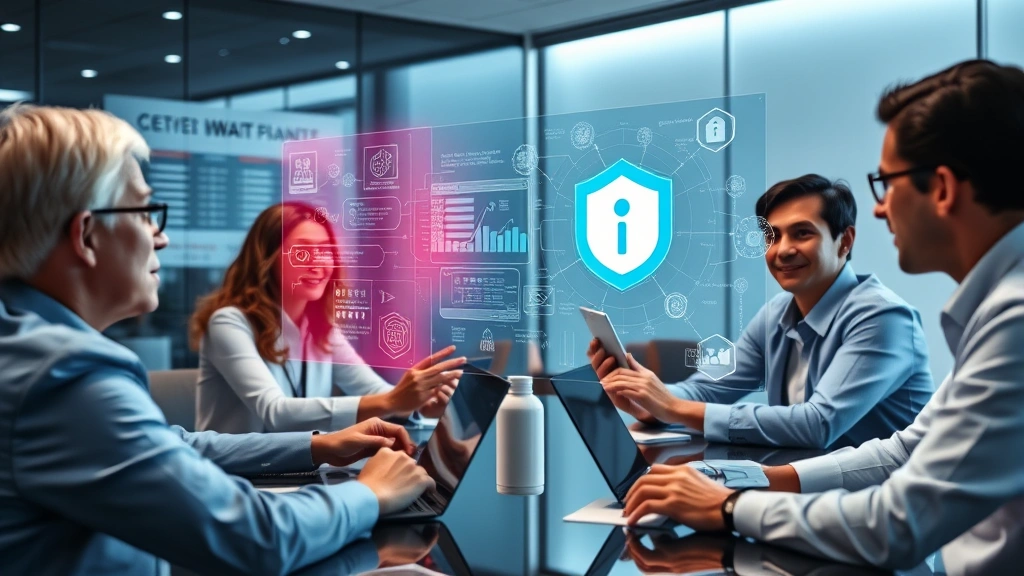 Business team collaborating in a secure conference room with holographic data protection visualization displayed, demonstrating organizational security awareness, incident response planning, and collaborative cybersecurity strategy development