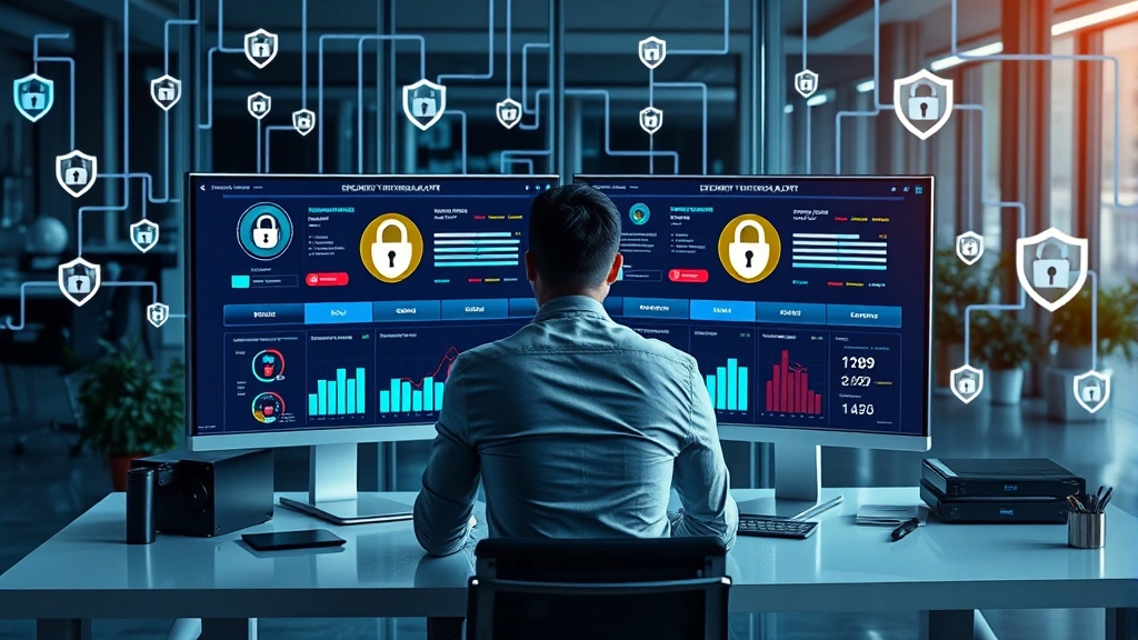 A professional sitting at a modern desk with dual monitors displaying security dashboard interfaces, showing encryption locks and shield symbols, surrounded by cybersecurity visualization elements, realistic office lighting, no code or text visible
