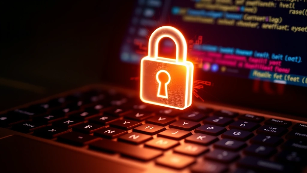 Close-up of a laptop keyboard with a glowing padlock symbol hovering above it, representing digital security and encryption, warm professional lighting, cybersecurity concept visualization, no visible text or code