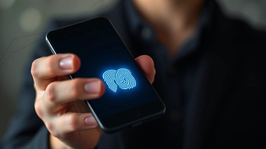 A person holding a smartphone with a biometric fingerprint sensor illuminated, showing multi-factor authentication process, modern minimalist design, professional cybersecurity visualization, no text or interface elements visible