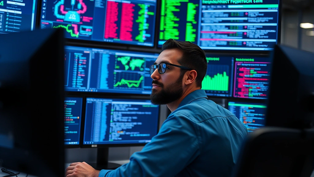 Professional cybersecurity analyst monitoring multiple digital screens displaying network traffic patterns and security alerts in a modern security operations center, blue and green data visualizations, focused expression