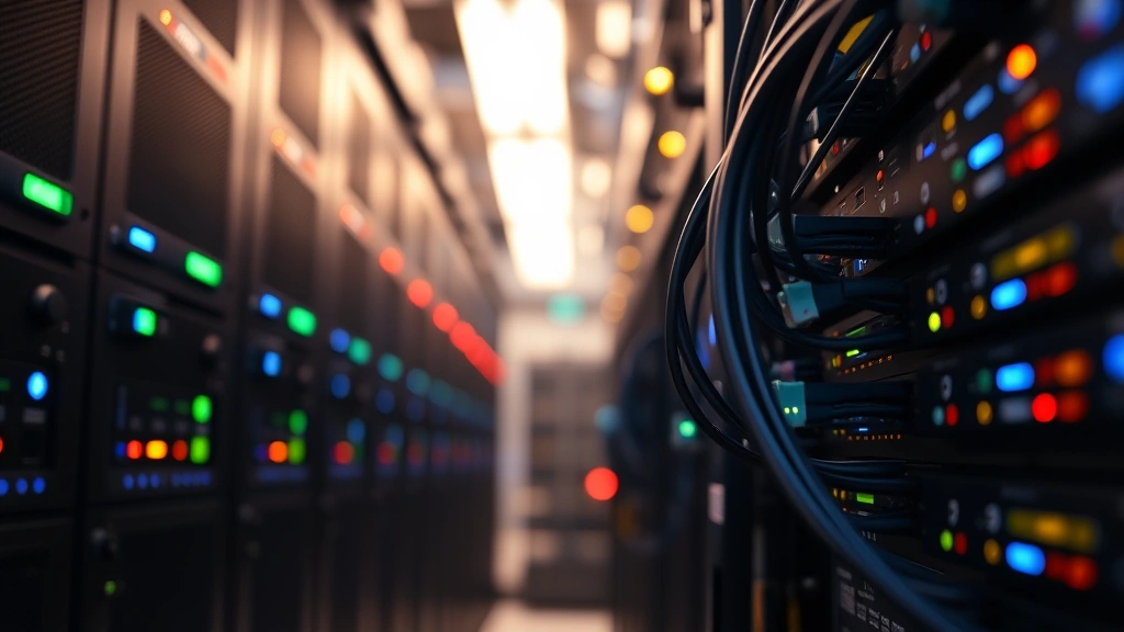 Close-up of advanced security infrastructure equipment with LED indicators and network cables in a data center environment, professional lighting, depth of field blur on background