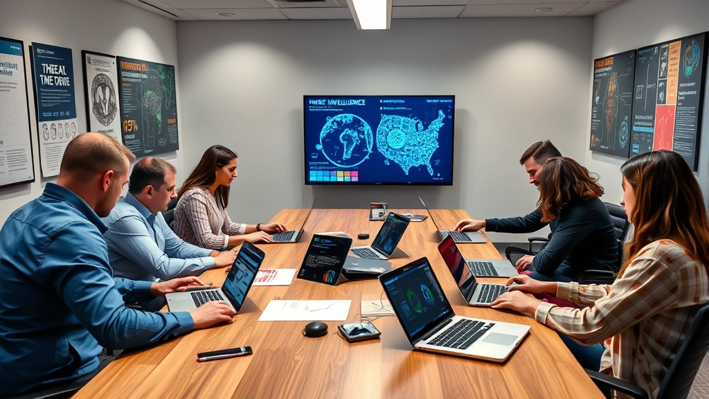 Diverse security team collaborating around a conference table with laptops and tablets, reviewing threat intelligence dashboards, modern office setting with security posters on walls