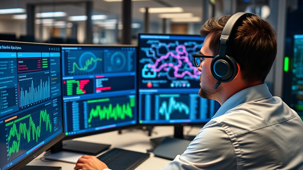 Professional cybersecurity analyst monitoring multiple screens displaying network security dashboards with real-time threat detection visualizations, secure data center environment, blue and green network topology indicators, no text or code visible