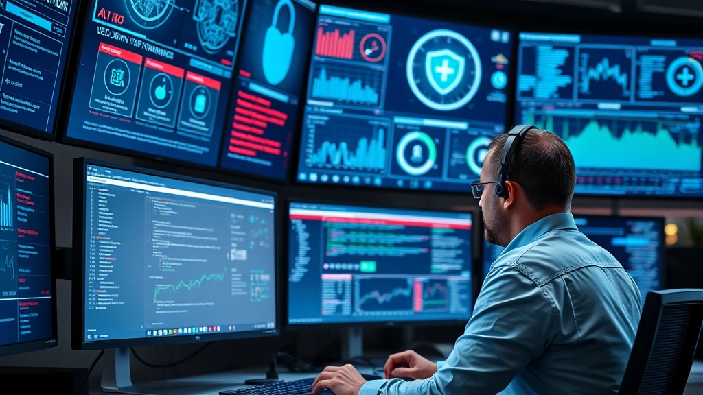 Close-up of advanced security operations center with multiple monitors showing threat intelligence feeds and security metrics, security professional analyzing data, modern tech workspace with sophisticated monitoring equipment, photorealistic professional setting