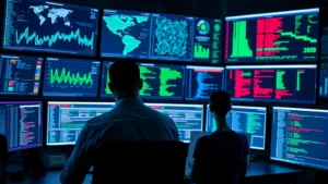 Cybersecurity analyst monitoring multiple screens displaying network traffic patterns and threat alerts in a modern security operations center with blue and green data visualizations