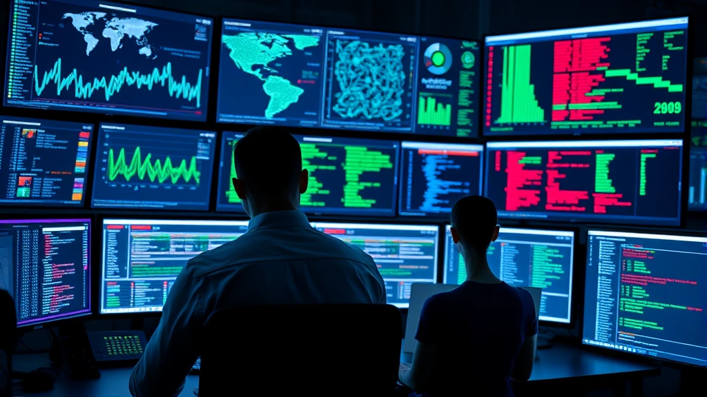 Cybersecurity analyst monitoring multiple screens displaying network traffic patterns and threat alerts in a modern security operations center with blue and green data visualizations