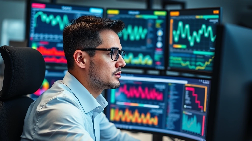 Professional cybersecurity analyst monitoring multiple screens showing real-time threat detection dashboards with network graphs and security alerts, focused concentration on face, modern office environment