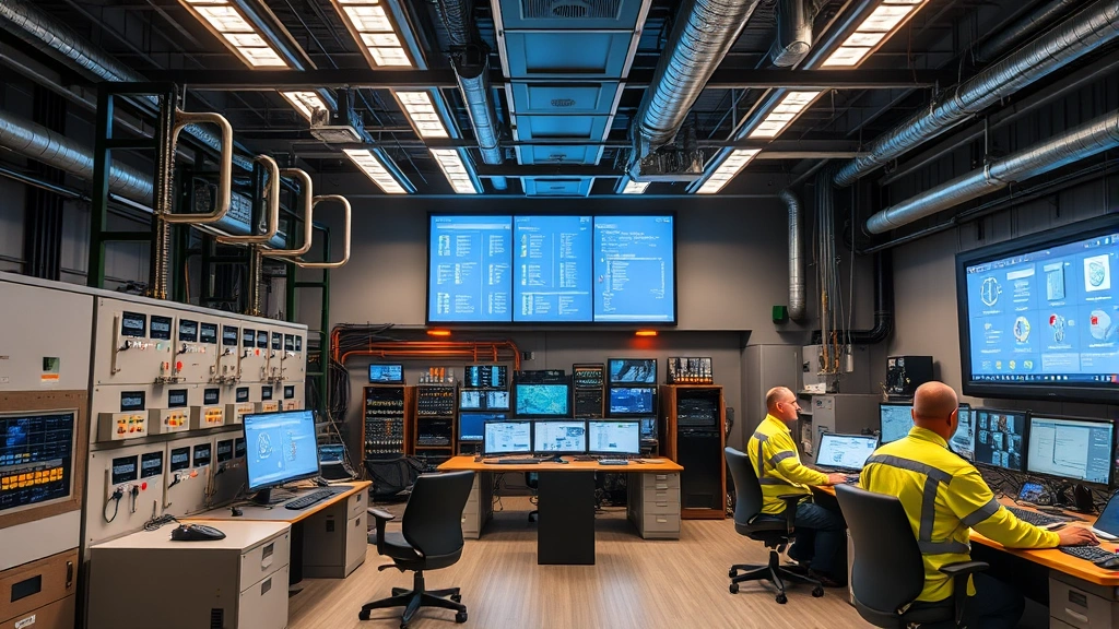 Critical infrastructure control room with industrial equipment and networked systems, showing power generation or utility management facility with technicians working at stations