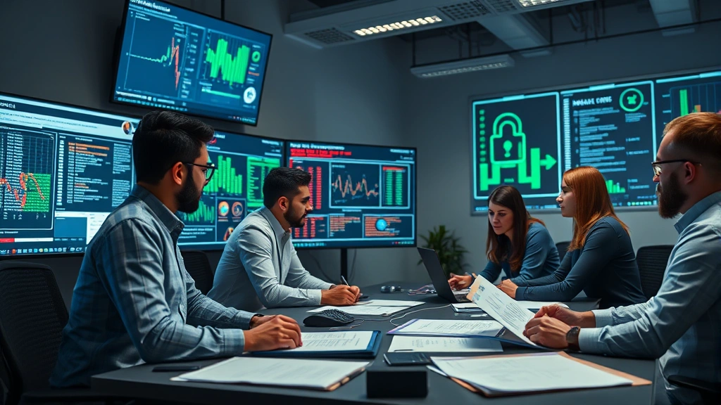 Team of diverse cybersecurity professionals in collaborative workspace reviewing threat intelligence reports and security documentation on large displays and documents