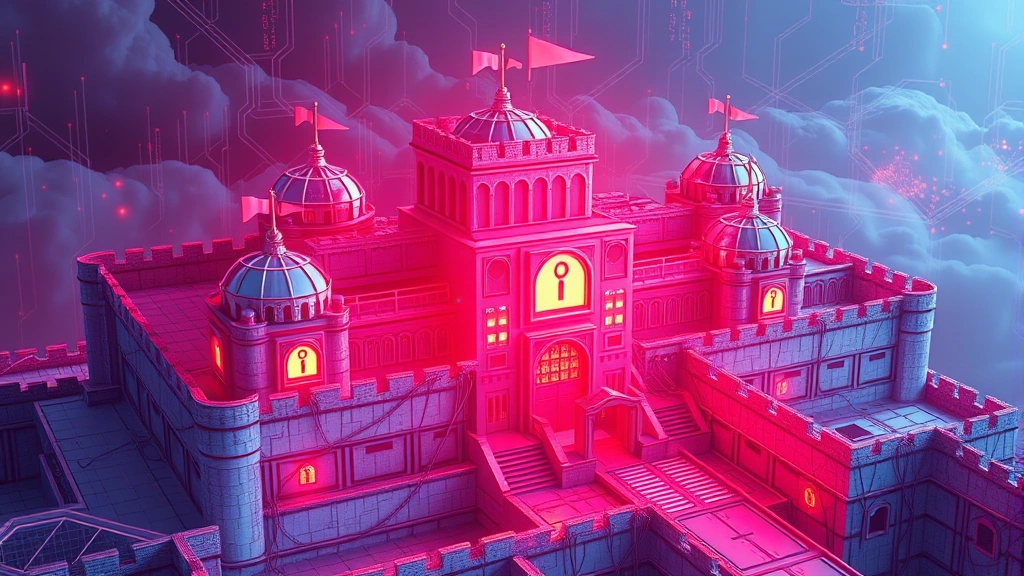 Fortress-like network infrastructure with layered defensive barriers, security checkpoints, and protective shields surrounding data centers, futuristic cybersecurity architecture without terminal windows or alerts