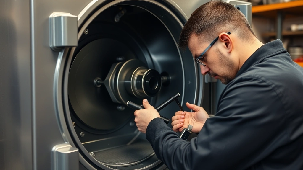 Professional locksmith examining internal mechanisms of a heavy-duty security safe, using precision tools to inspect locking bolts and steel construction, workshop setting with metal workbench, focused technical inspection