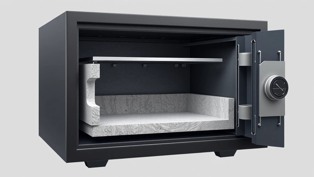 Cross-section view of a modern security safe showing multiple layers of steel walls and dense concrete composite filling, technical cutaway illustration style, clear visibility of internal construction materials and structural design