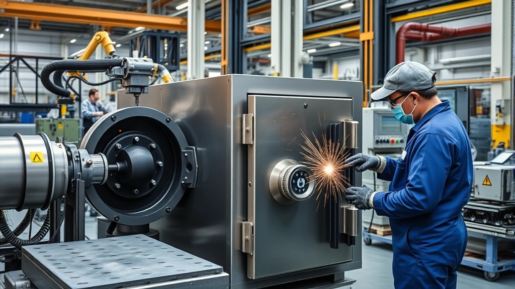 Industrial manufacturing facility with precision machinery assembling security safe components, automated welding systems creating steel seams, quality control technician inspecting finished safe body, professional factory environment with safety equipment visible