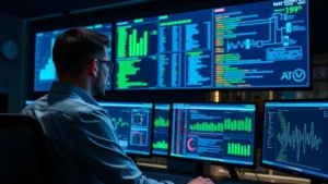 Cybersecurity professional monitoring multiple screens displaying network traffic data and threat analytics in a modern security operations center, calm focused atmosphere with blue and green data visualizations