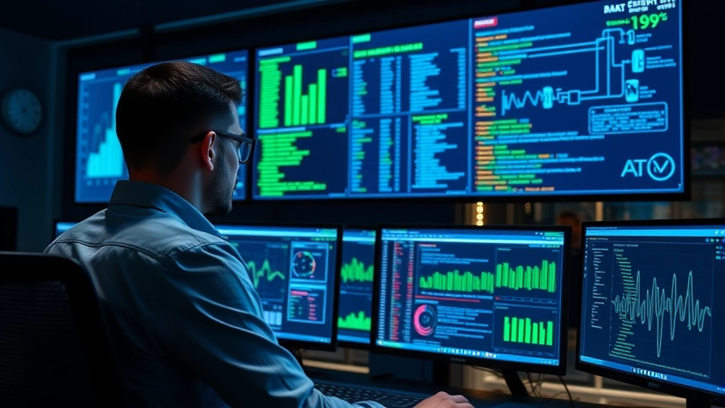 Cybersecurity professional monitoring multiple screens displaying network traffic data and threat analytics in a modern security operations center, calm focused atmosphere with blue and green data visualizations