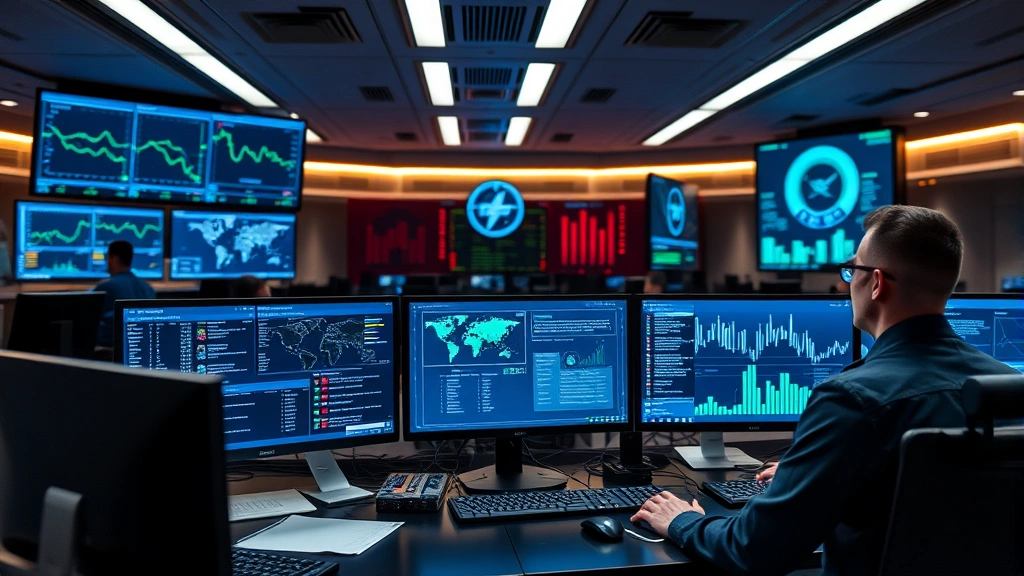 Cybersecurity analyst monitoring multiple digital screens showing network traffic patterns, threat dashboards, and security alerts in a modern government command center with blue and green data visualizations
