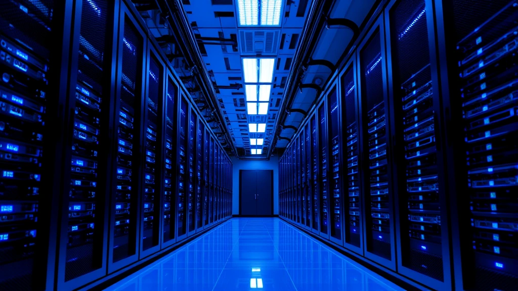Modern data center with secure server racks, blue ambient lighting, rows of encrypted storage systems, professional secure facility representing enterprise-grade data protection infrastructure