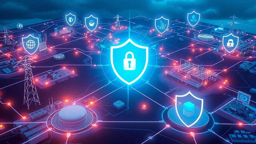 Critical infrastructure protection concept showing interconnected systems like power grids, water treatment facilities, and communication networks with digital security overlays and protective shields
