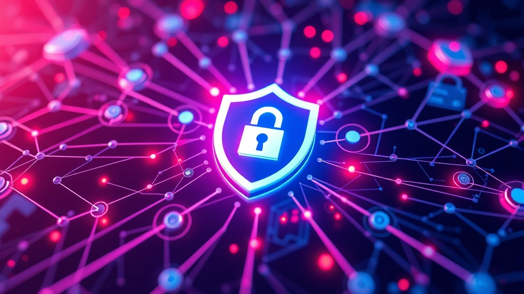 Digital security concept showing interconnected nodes and protective barriers, abstract representation of network defense and encryption, cyber shield protecting data infrastructure against threats