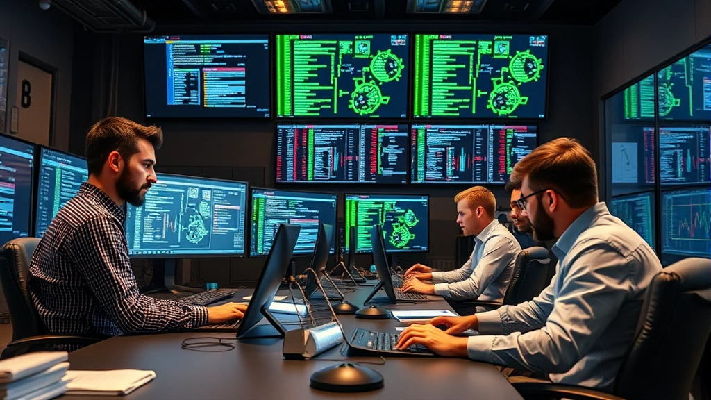 Diverse team of cybersecurity professionals conducting threat assessment in a high-tech security operations center with advanced monitoring equipment and collaborative workspace